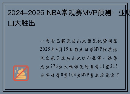 2024-2025 NBA常规赛MVP预测：亚历山大胜出
